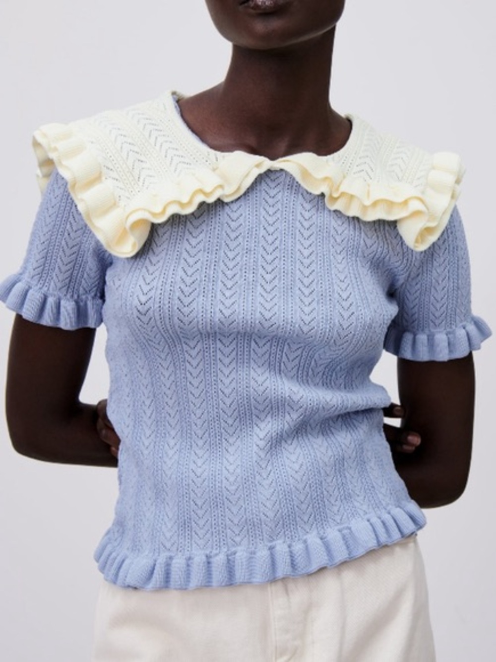 Zara Light Blue Pointelle Knit Sweater with Cream Scalloped Collar